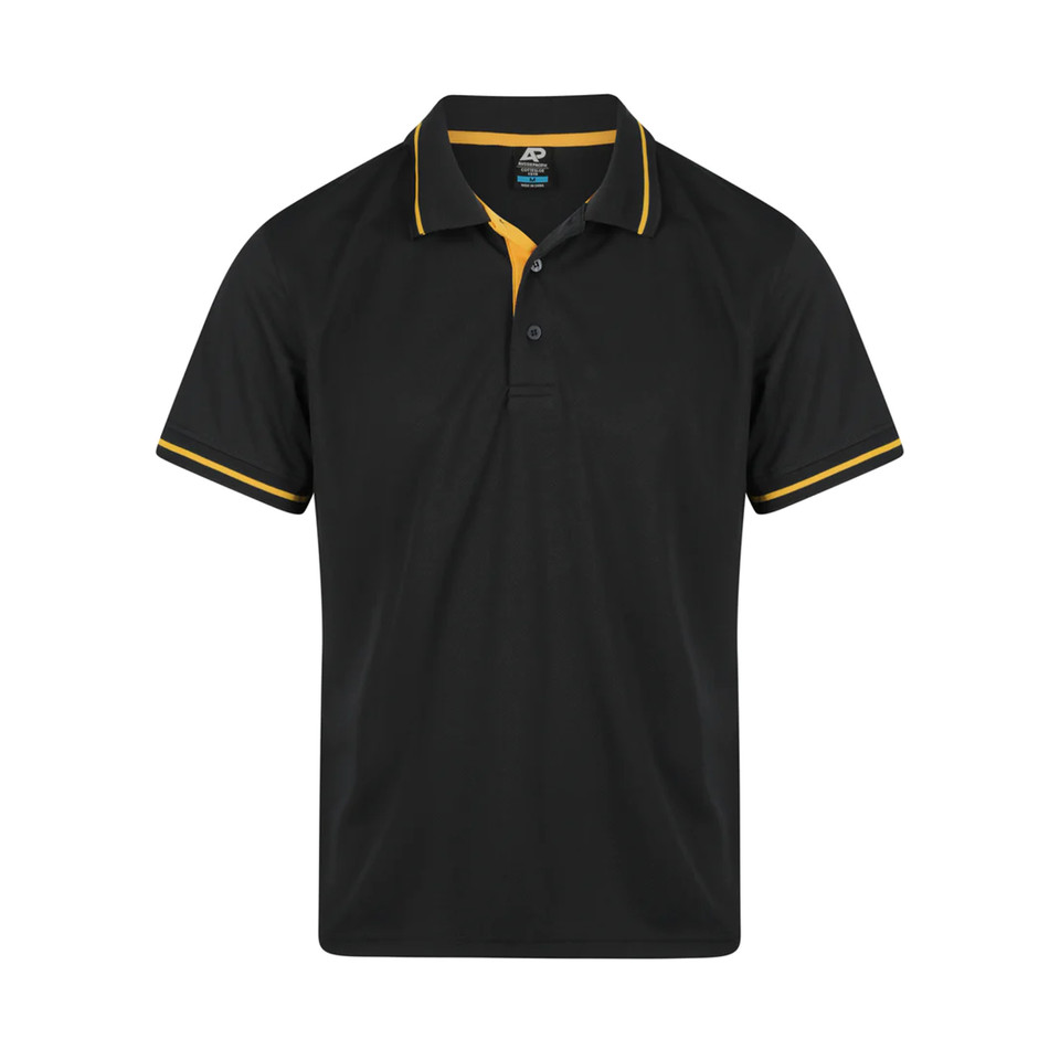 Black kids polo shirt with gold contrast tipping on collar and sleeves