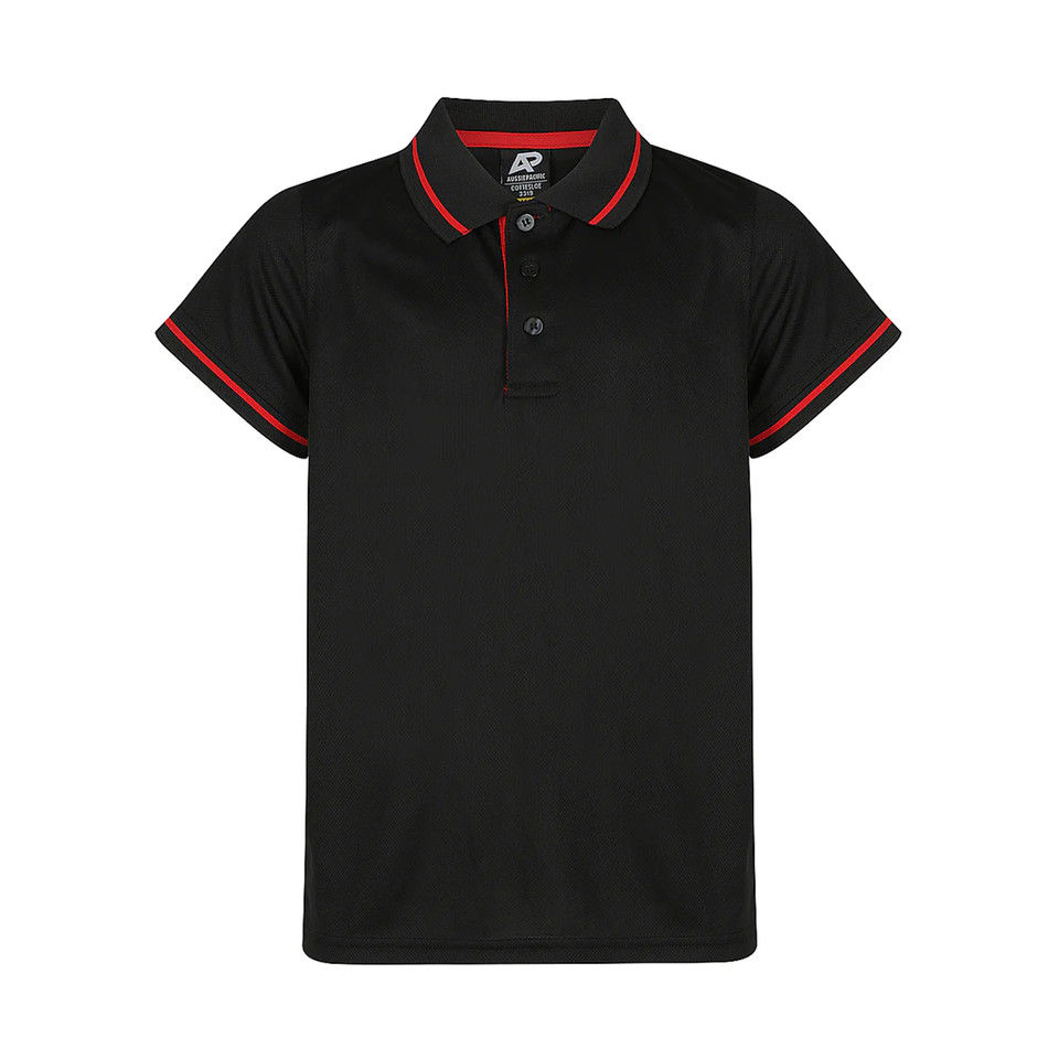 Black kids' polo shirt with red contrast tipping on collar and sleeves