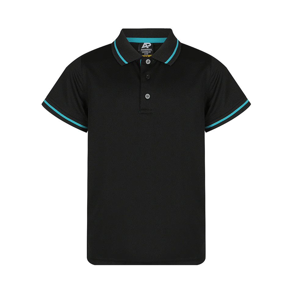 Black mesh knit polo shirt with teal contrast tipping on collar and sleeves
