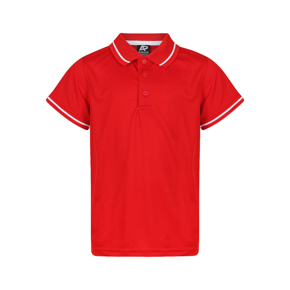 Red kids polo shirt with white contrast tipping on collar and sleeves
