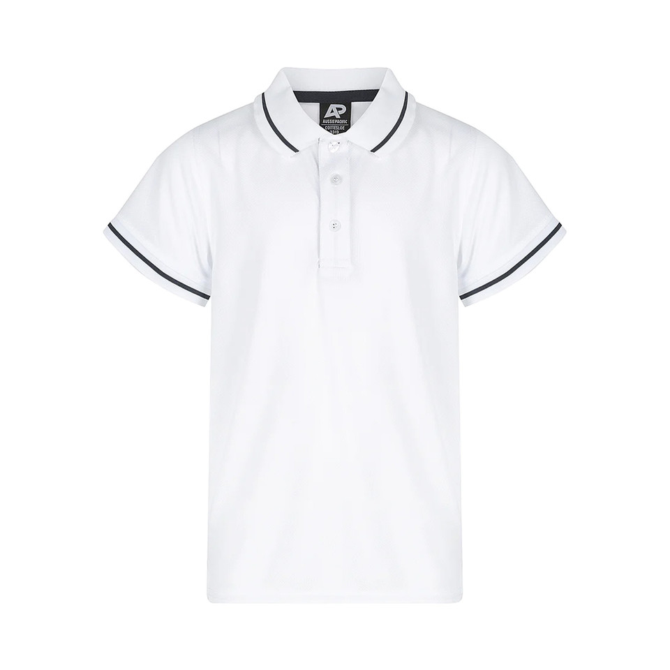 White kids' polo shirt with charcoal contrast tipping on collar and sleeve cuffs