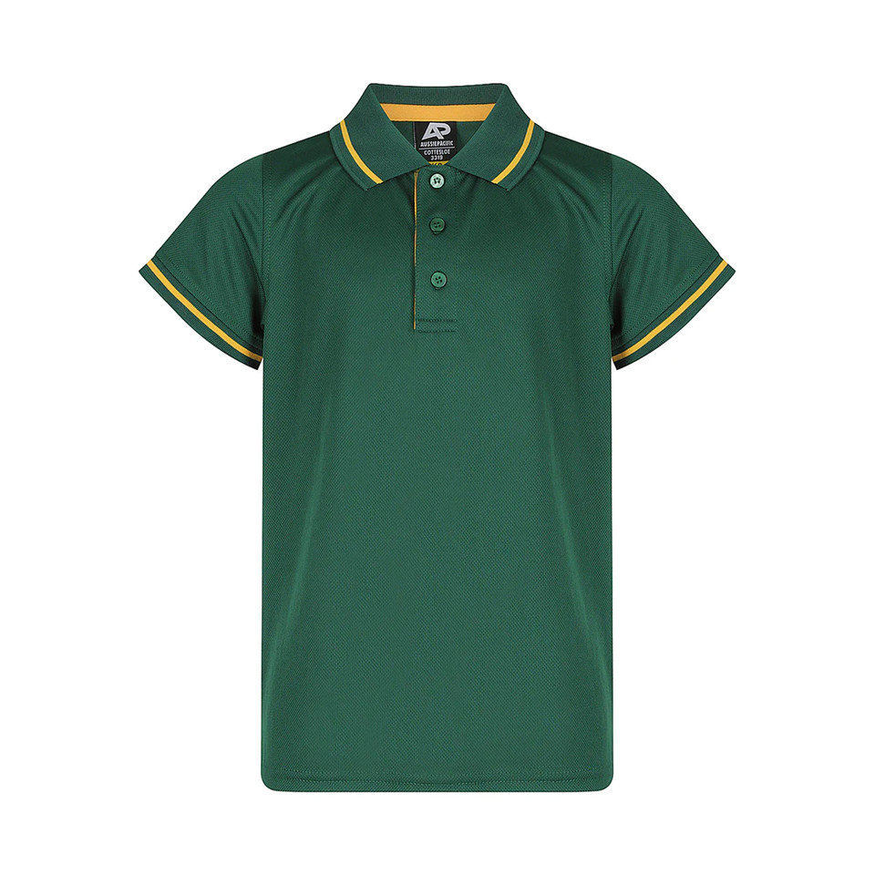 Forest green kids' polo with gold contrast tipping on collar and sleeves
