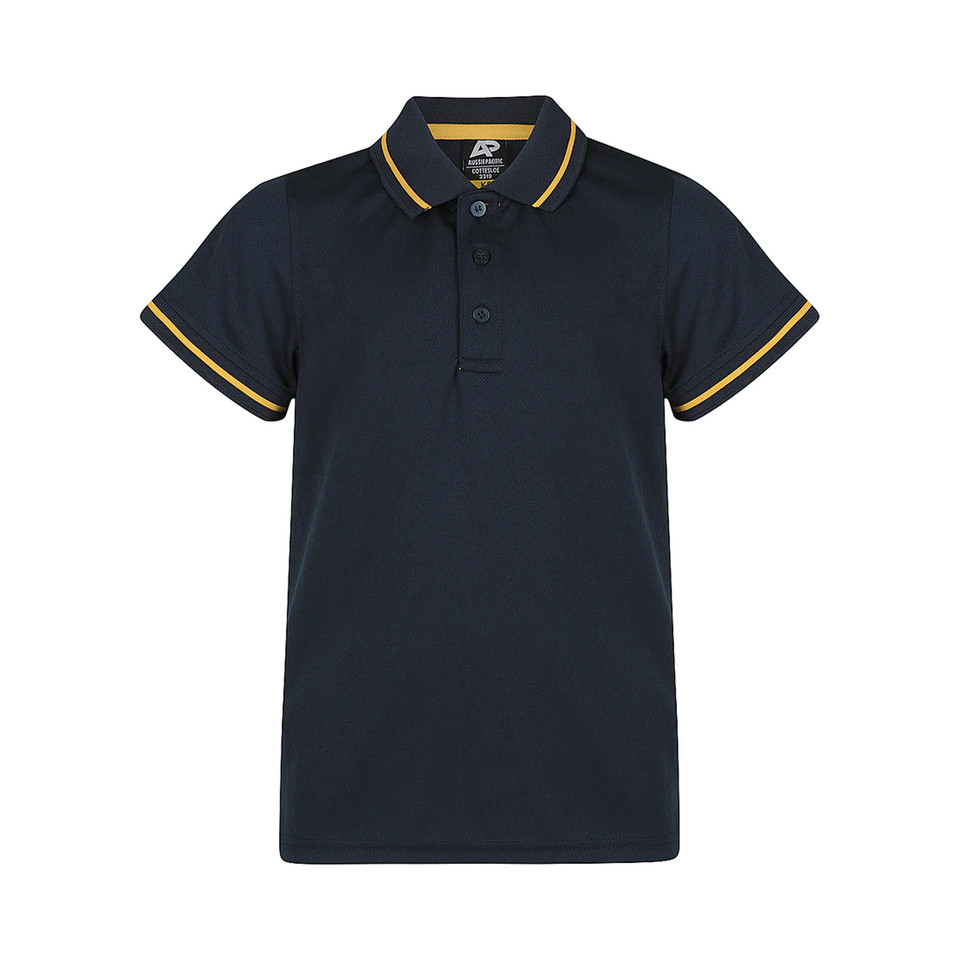 Navy kids' polo with gold contrast tipping on collar and sleeves