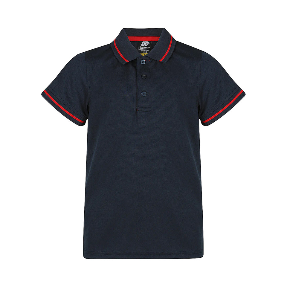 Navy kids' polo shirt with red contrast tipping on collar and sleeves