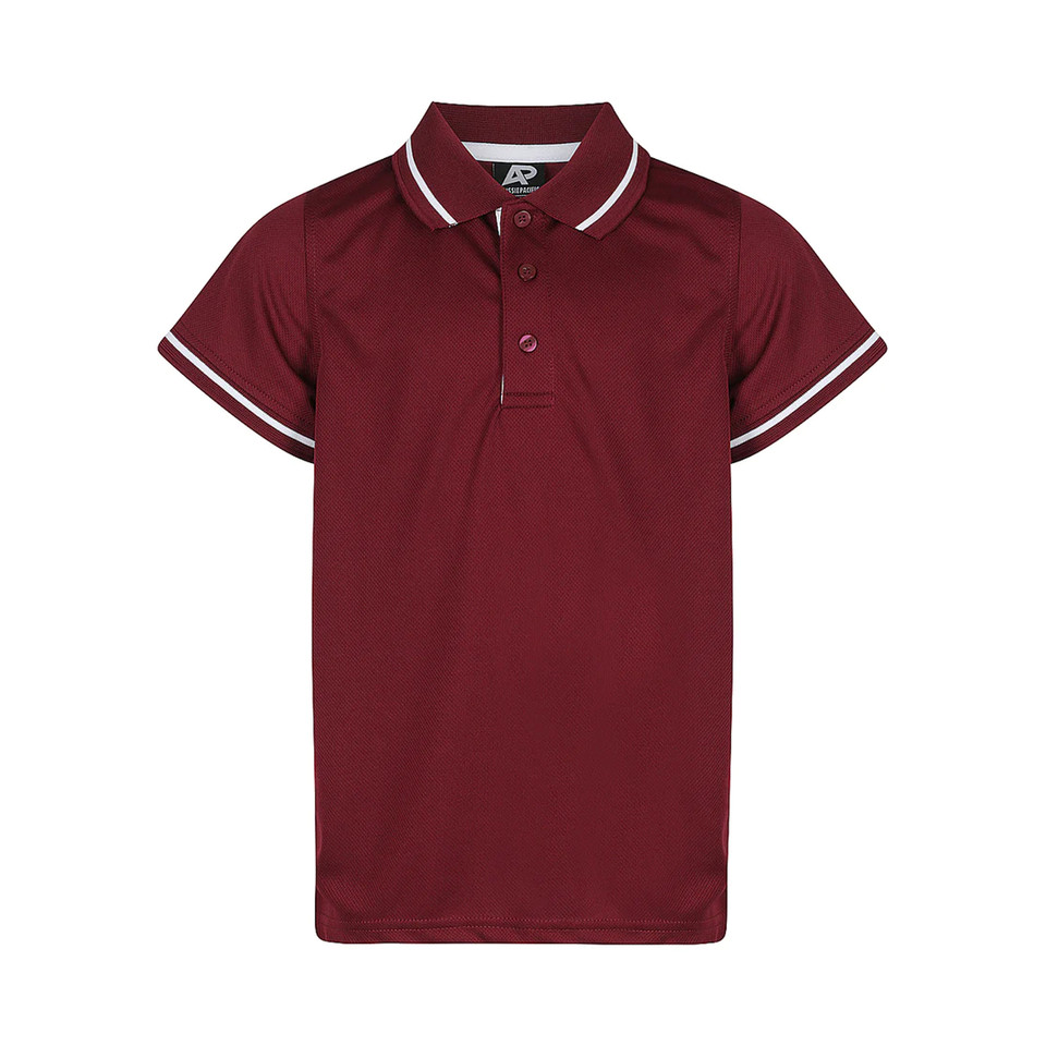 Maroon kids' polo shirt with white contrast tipping on collar and sleeves