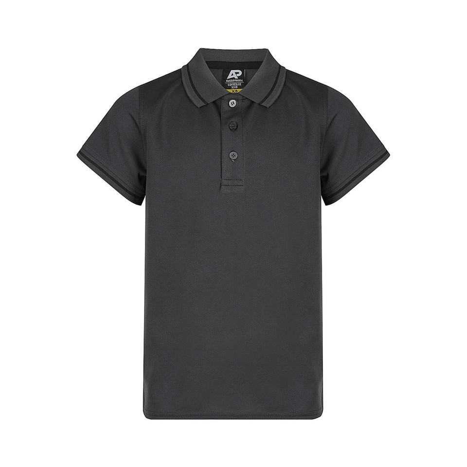Charcoal grey kids polo shirt with contrast tipped collar and short sleeves on white background