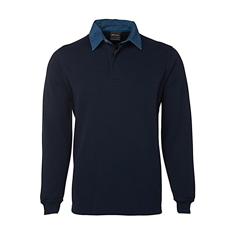 Plain navy and denim Foley Classic Poly Cotton rugby shirt (JB-3R) with concealed placket and ribbed cuffs.