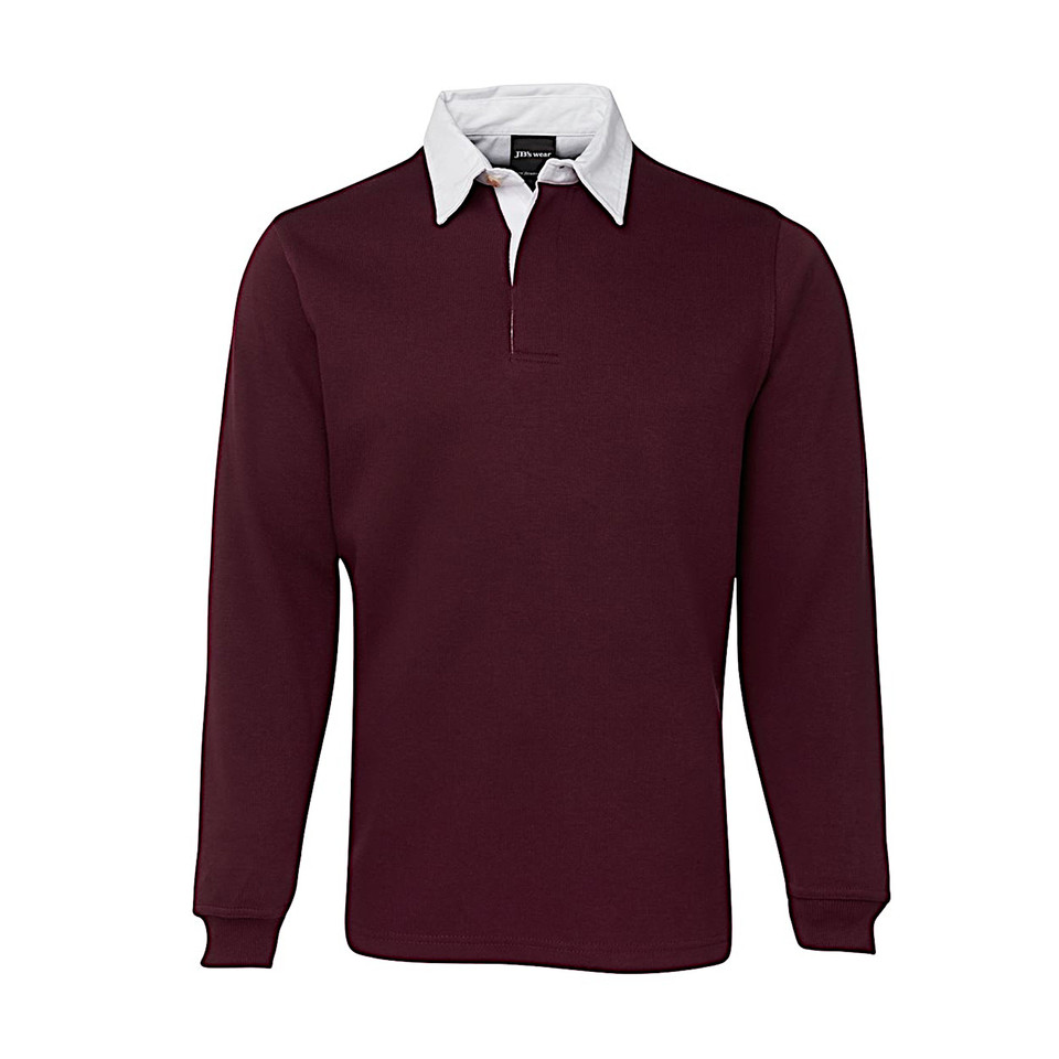 Plain maroon and white Foley Classic Poly Cotton rugby shirt (JB-3R) with concealed placket and ribbed cuffs.