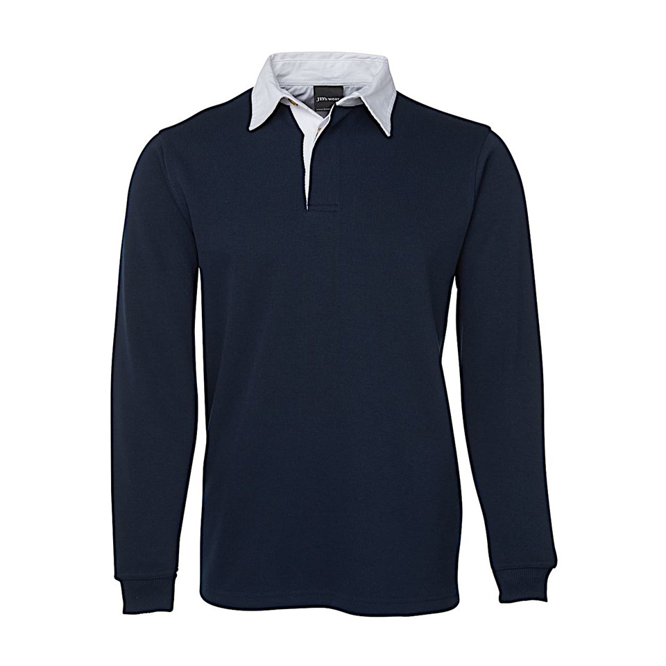 Navy long sleeve rugby shirt with white contrast collar and placket ideal for decoration