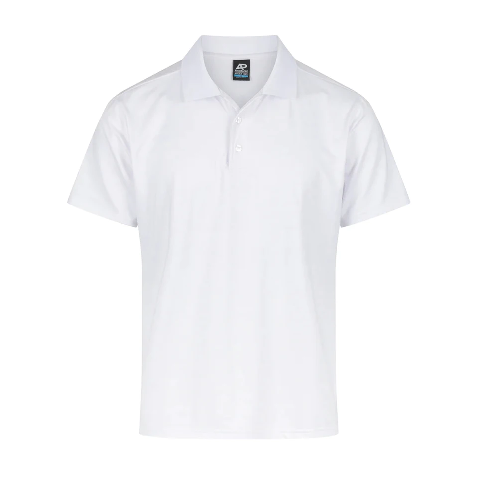 White short sleeve polo shirt with three-button placket and flat knit collar ideal for decoration
