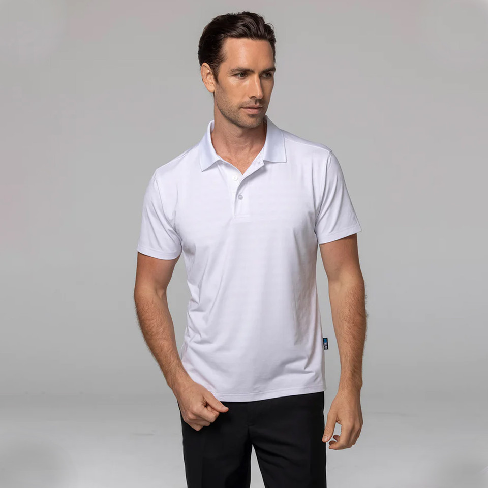 Man wearing white short-sleeve polo with two-button placket and smooth flat front panel