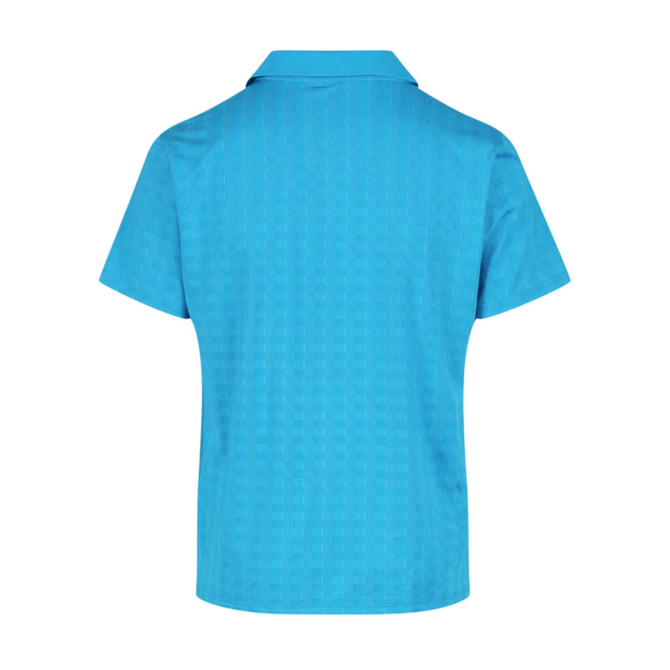 Back view of cyan blue polo shirt with flat collar and short sleeves in recycled polyester fabric