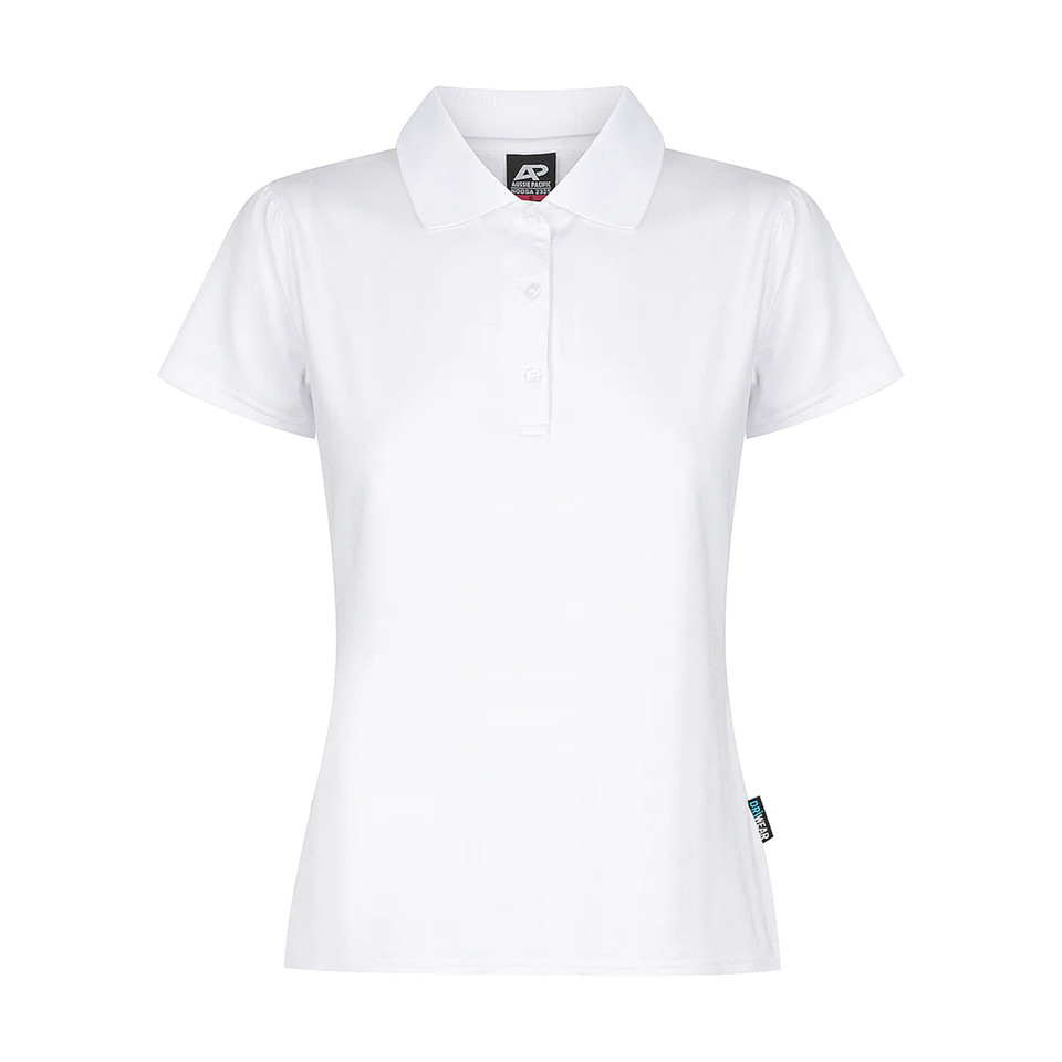 White ladies polo shirt with collar and button placket in recycled polyester fabric