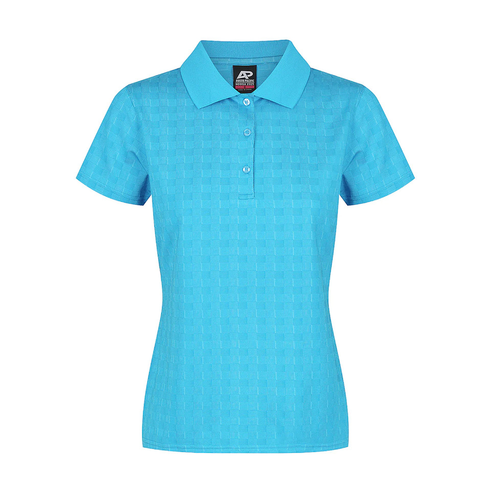Women's cyan blue polo shirt with tonal diamond jacquard pattern, three-button placket and short sleeves