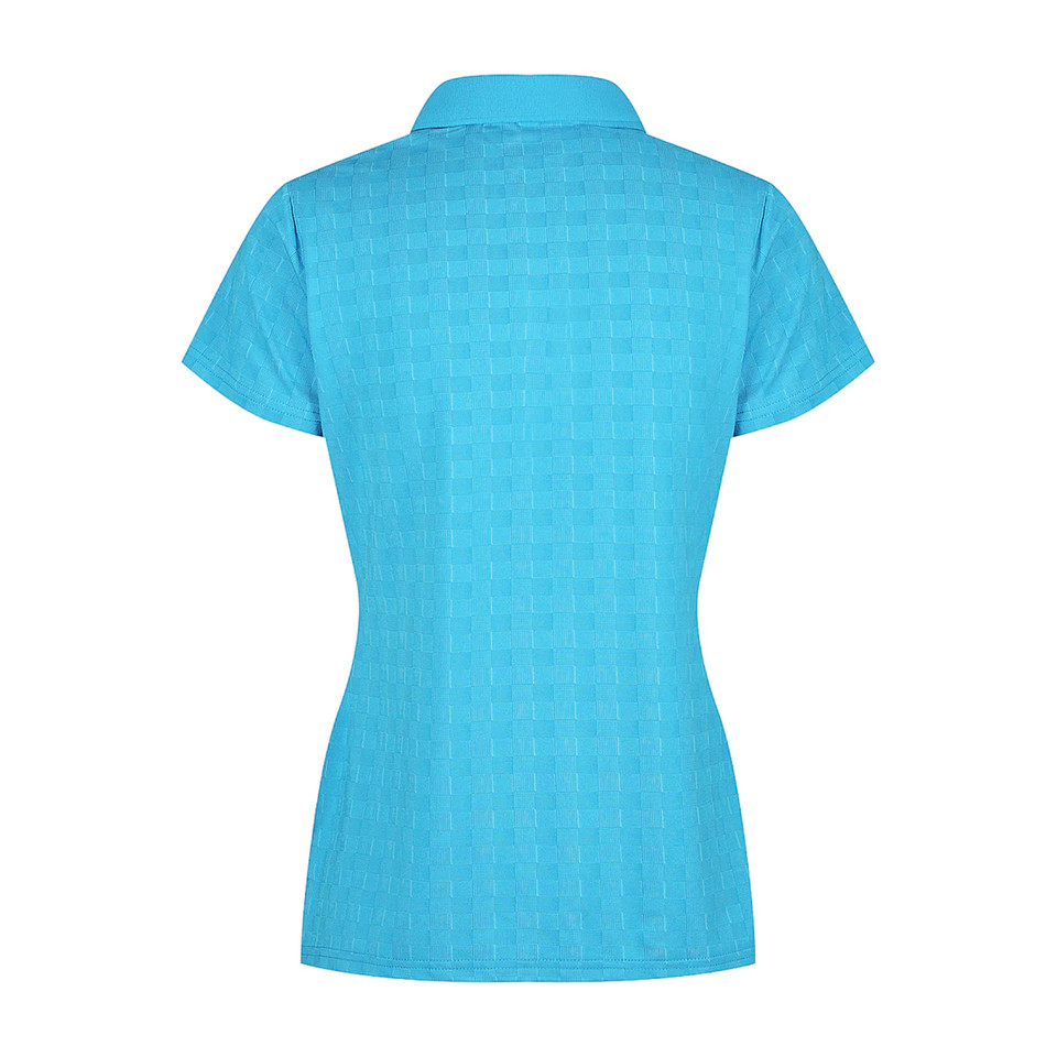 Rear view of a cyan ladies polo shirt with subtle tone-on-tone geometric texture pattern and short sleeves