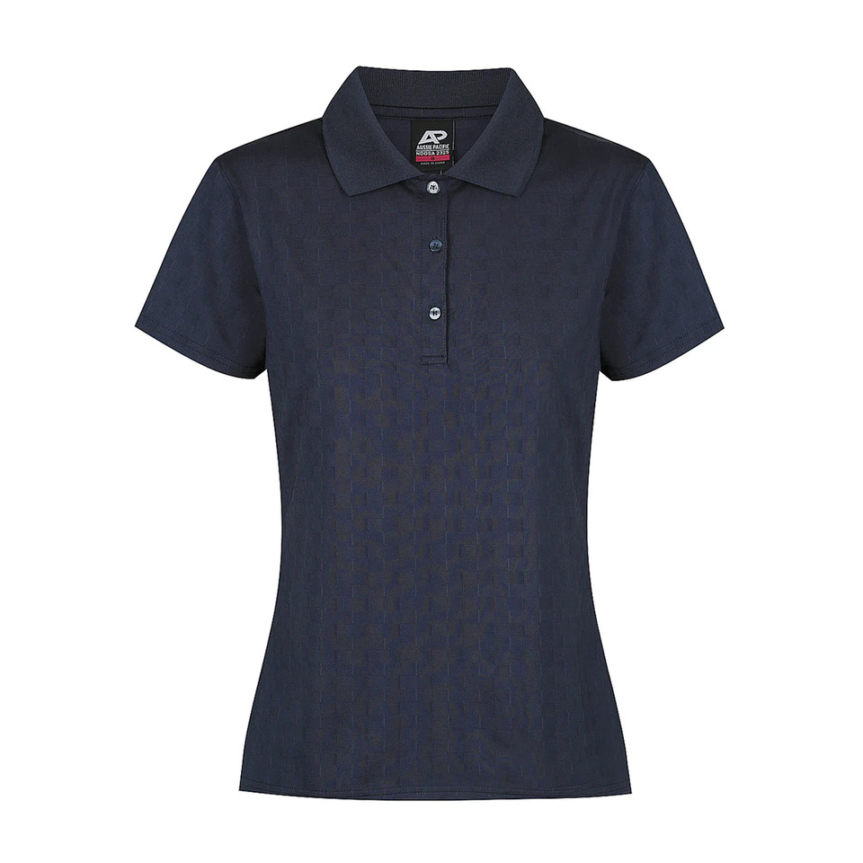 Navy ladies polo shirt with short sleeves and three-button placket in matching colour