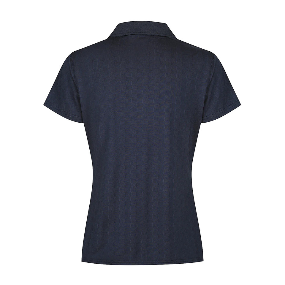 Navy ladies polo shirt with collar viewed from back showing smooth recycled poly fabric and short sleeves