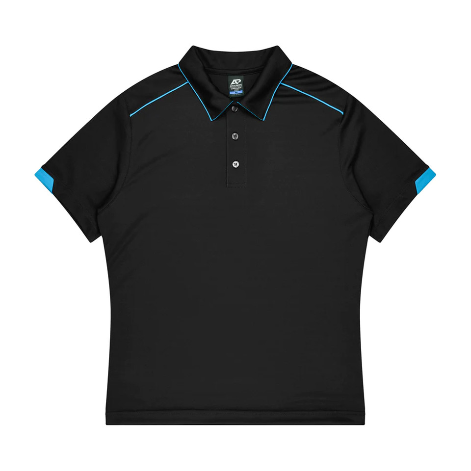 Black kids polo with cyan blue piping detail on collar, shoulders and sleeve cuffs