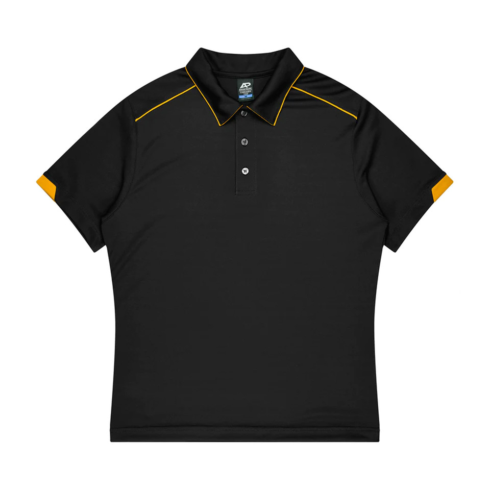 Black kids polo shirt with gold contrast piping on collar, shoulders and sleeve cuffs