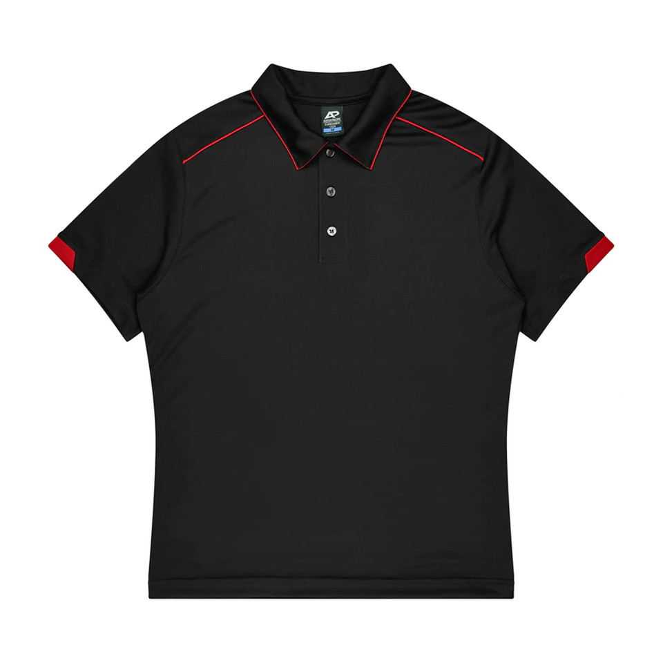 Kids black polo shirt with red contrast shoulder panels, piping detail, and three-button placket — flat lay packshot