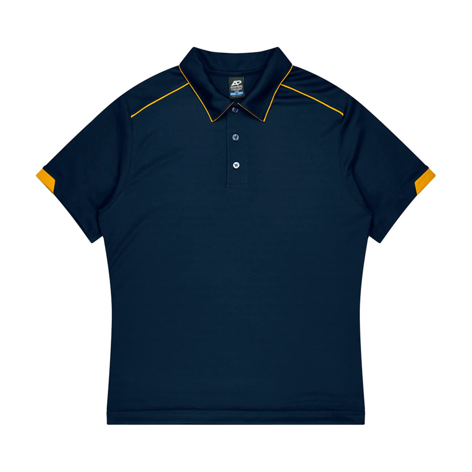Navy polo shirt with gold contrast piping on shoulders, collar and sleeve cuffs