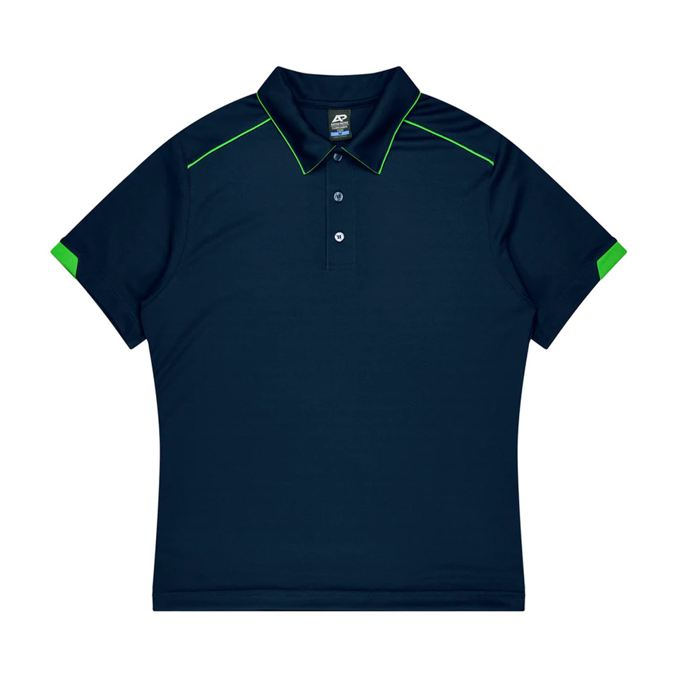 Kids navy and neon green polo shirt with contrast shoulder piping, sleeve panels, and three-button placket