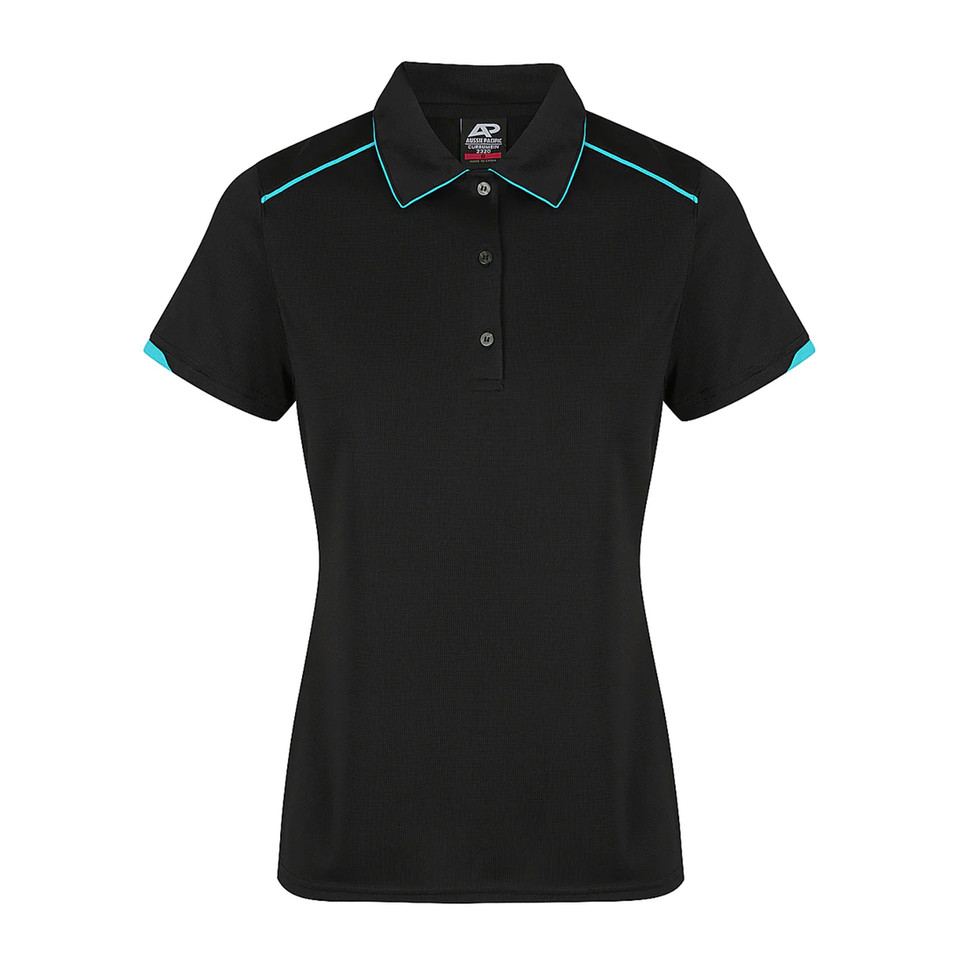Black ladies polo shirt with teal piping on collar, shoulders and sleeves in mini waffle knit fabric