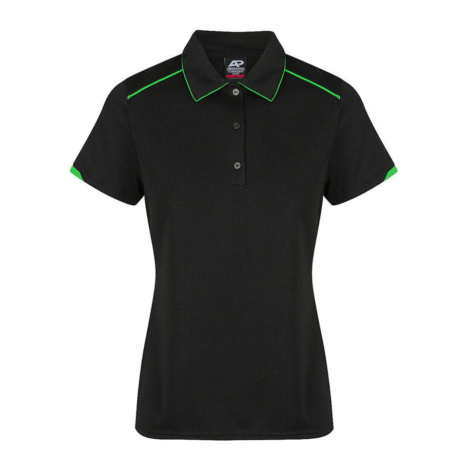 Black ladies polo shirt with vibrant green piping on collar, shoulders and sleeve cuffs featuring textured waffle knit fabric