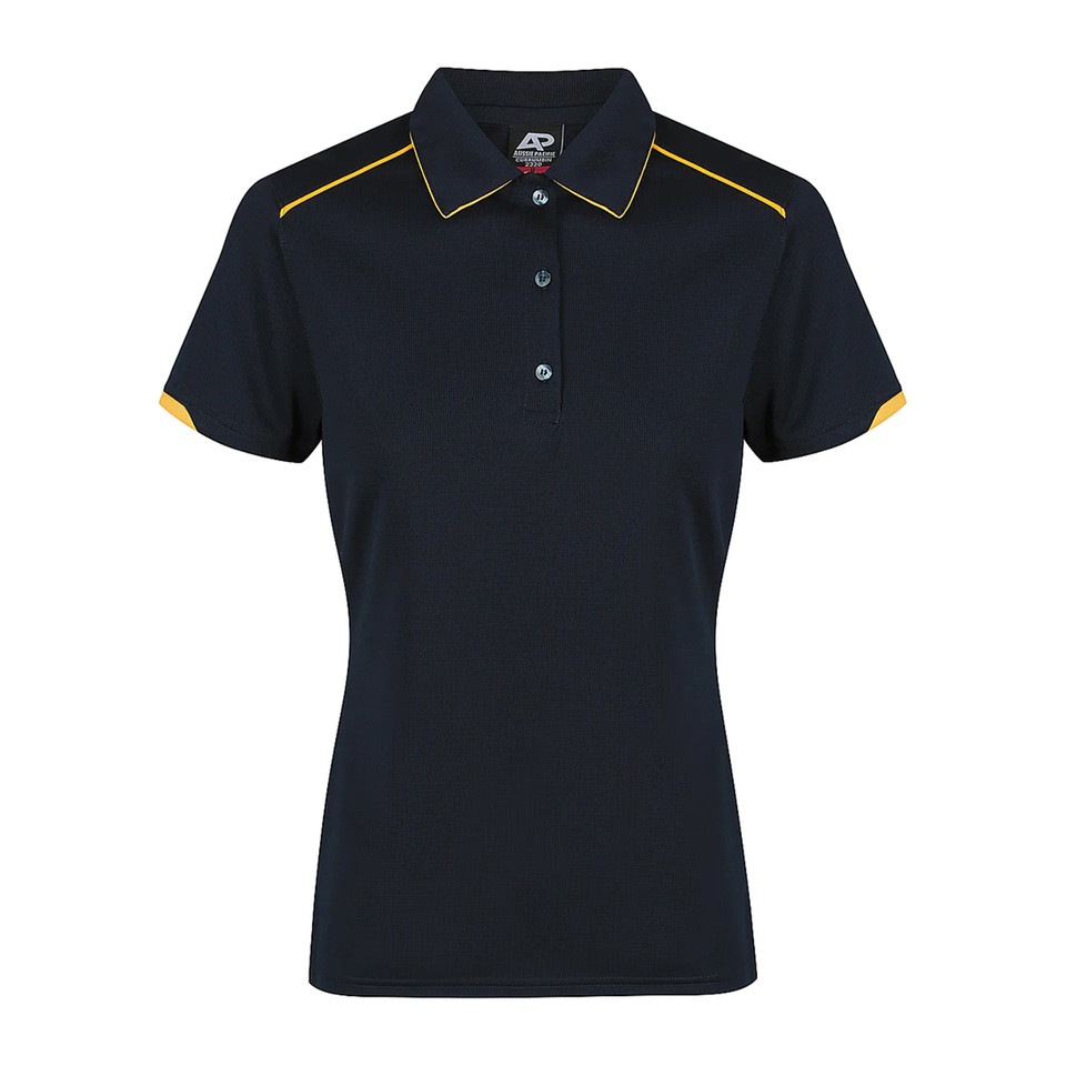 Ladies black polo shirt with gold piping trim on collar, shoulders and sleeves in mini waffle knit fabric