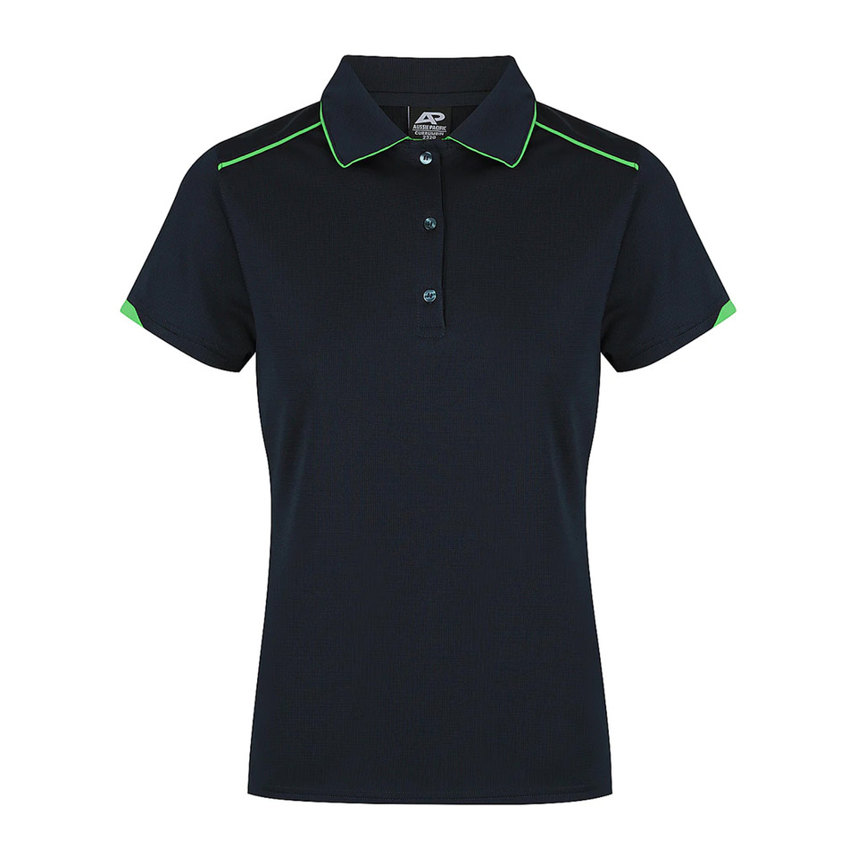 Black ladies polo shirt with neon green piping on collar, sleeves and shoulders in mini waffle knit fabric