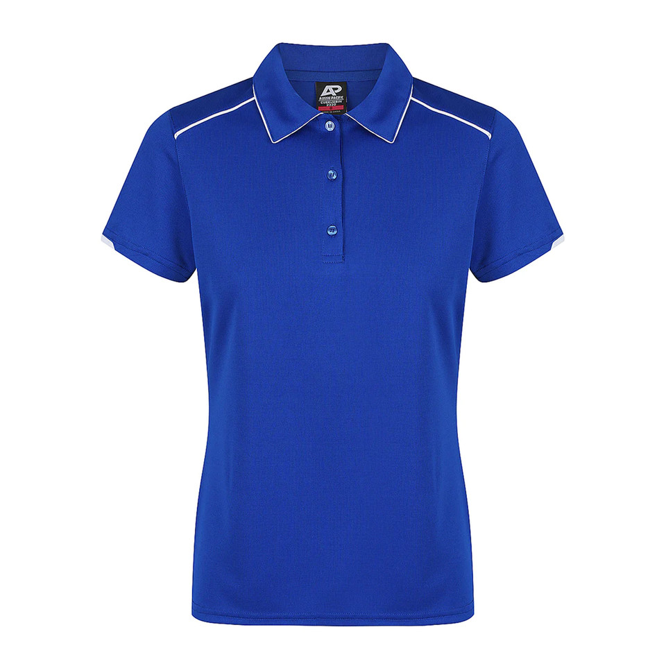 Royal+White Currio Ladies Mini Waffle Knit Poly Polo, a breathable top featuring a subtle texture and contrast piping detail, ideal for corporate or sports uniforms.