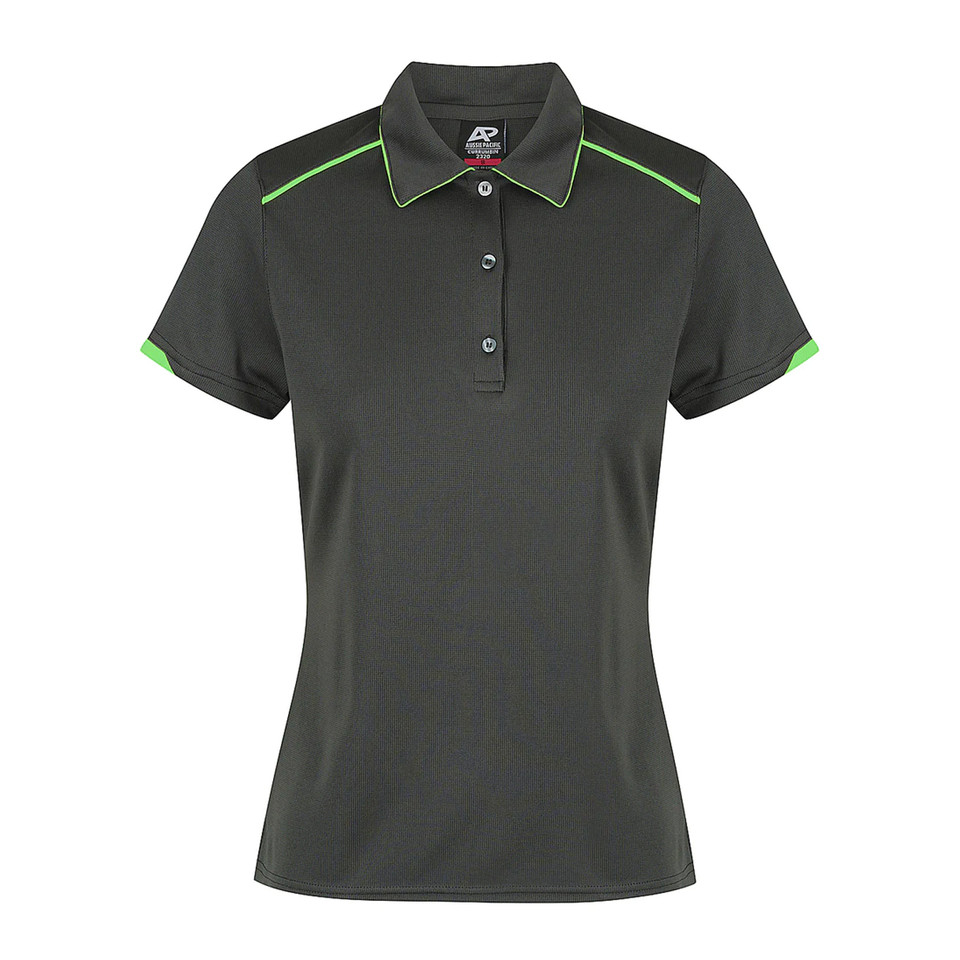 Charcoal ladies polo with neon green piping at collar, shoulders and sleeve cuffs, three-button placket, textured mini waffle knit fabric