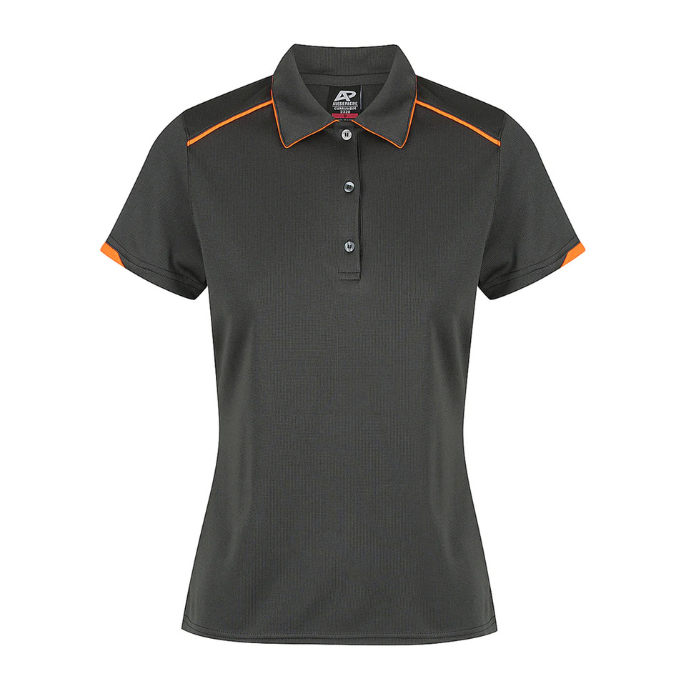 Charcoal ladies polo with orange contrast piping at shoulder and sleeve hem, three-button placket, textured mini waffle knit fabric