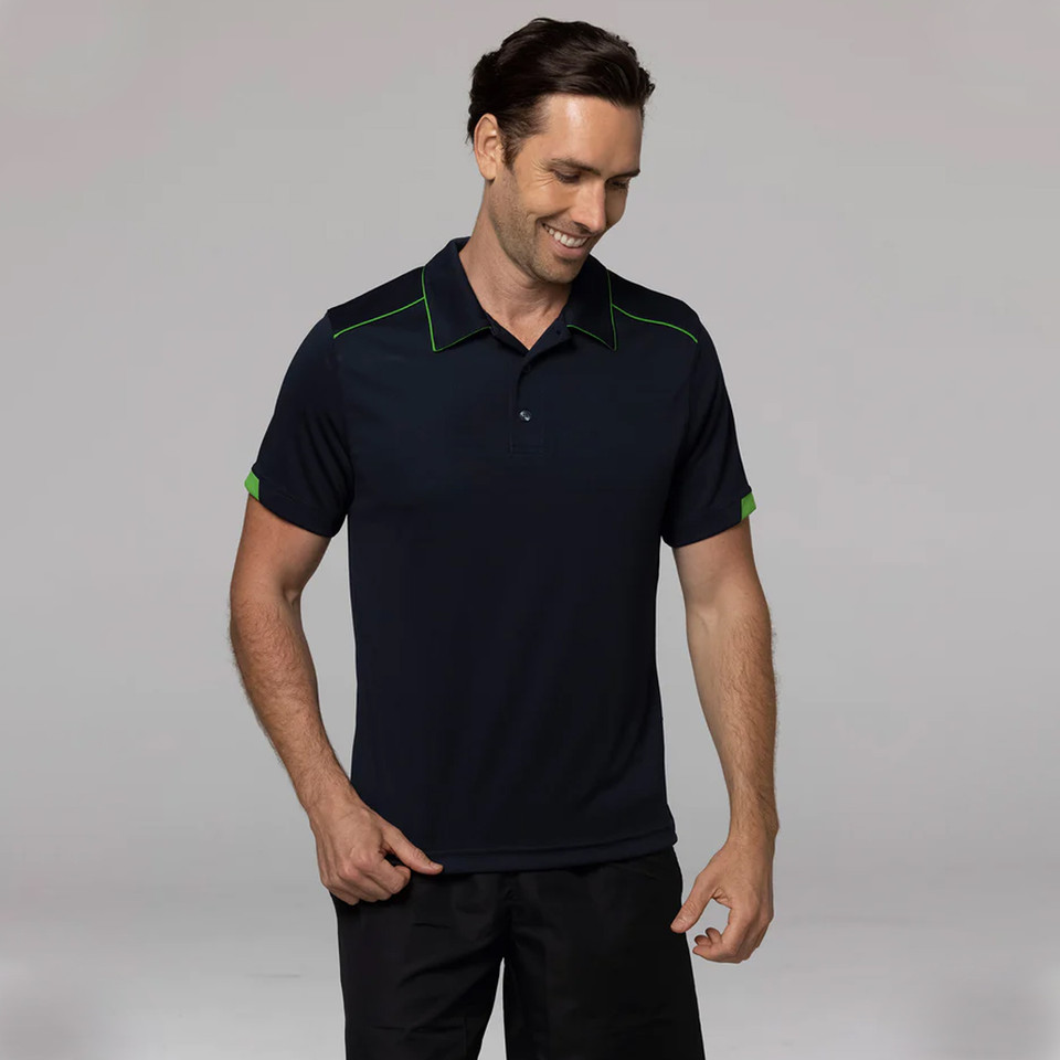 Man wearing navy mini waffle knit polo with lime green piping at collar and sleeve panels
