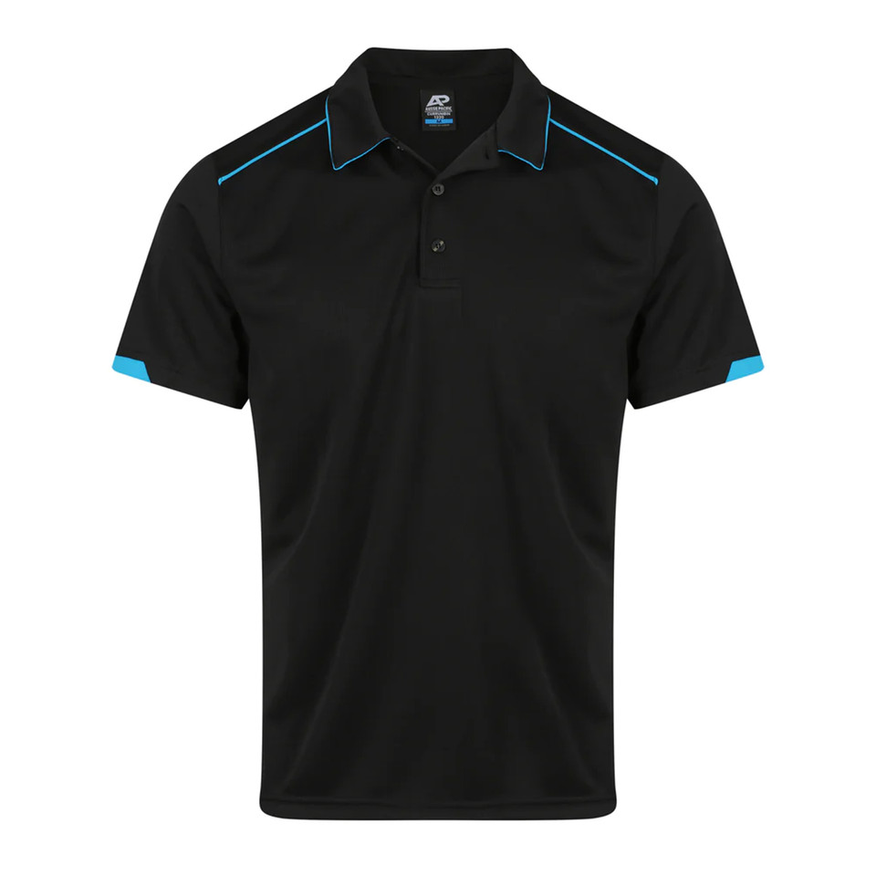 Mens Mini Waffle Knit Poly Polo with Piping Black Cyan Mens Mini Waffle Knit Poly Polo with Piping Black Cyan