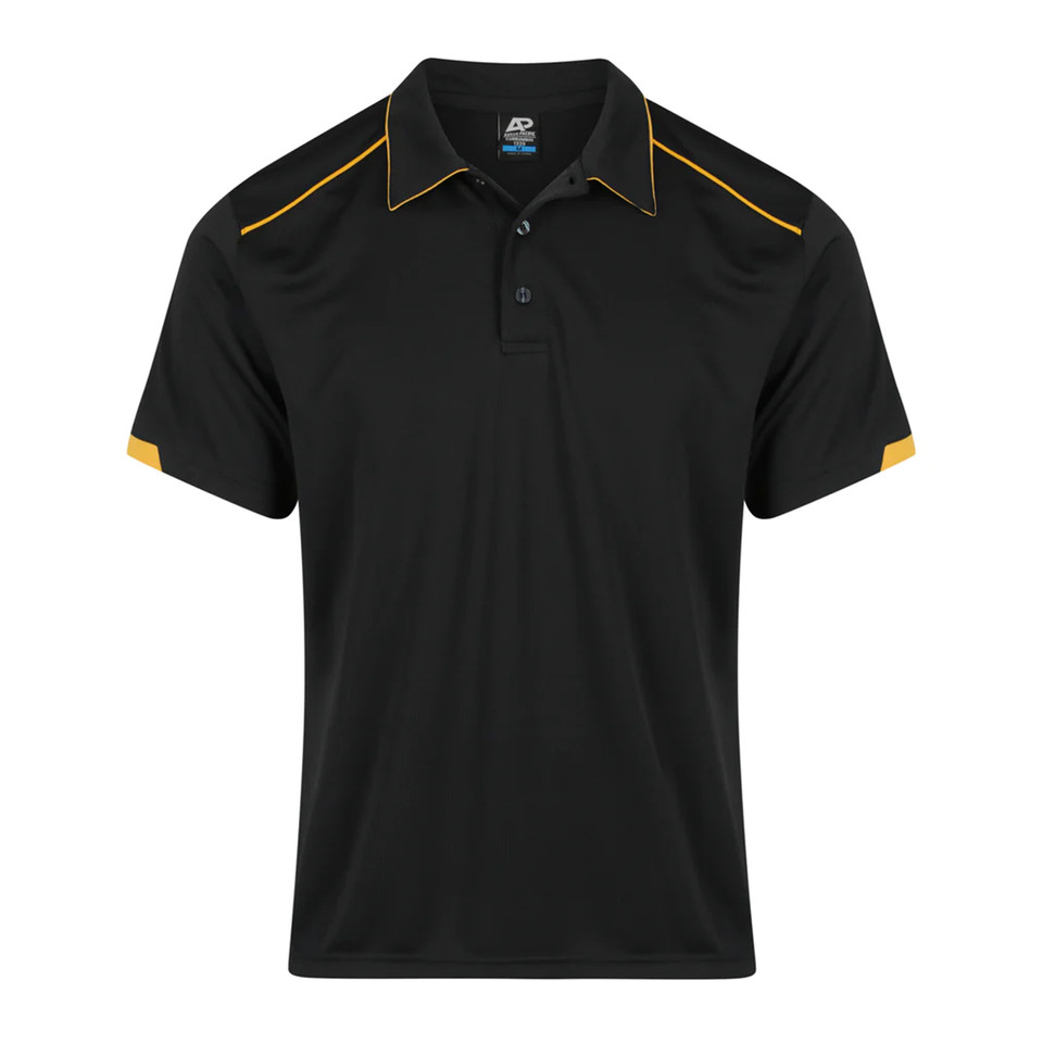 Black men's polo shirt with gold shoulder piping, contrast collar trim and sleeve panels, three-button placket