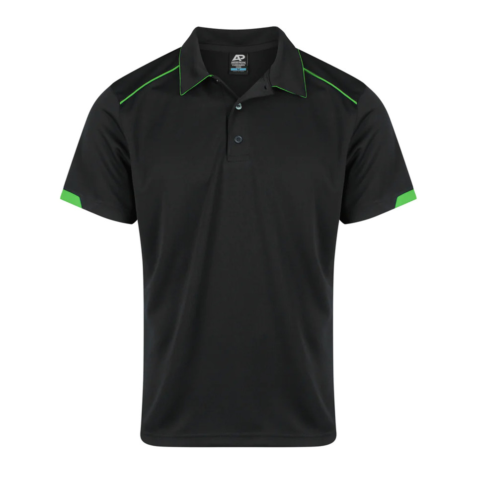Black men's polo shirt with neon green contrast piping on collar, shoulders and sleeve cuffs, three-button placket