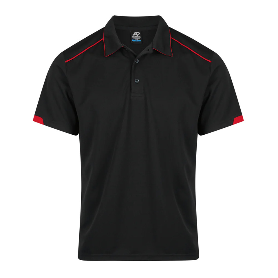 Black men's polo shirt with red contrast shoulder piping and sleeve panels, three-button placket, flat lay