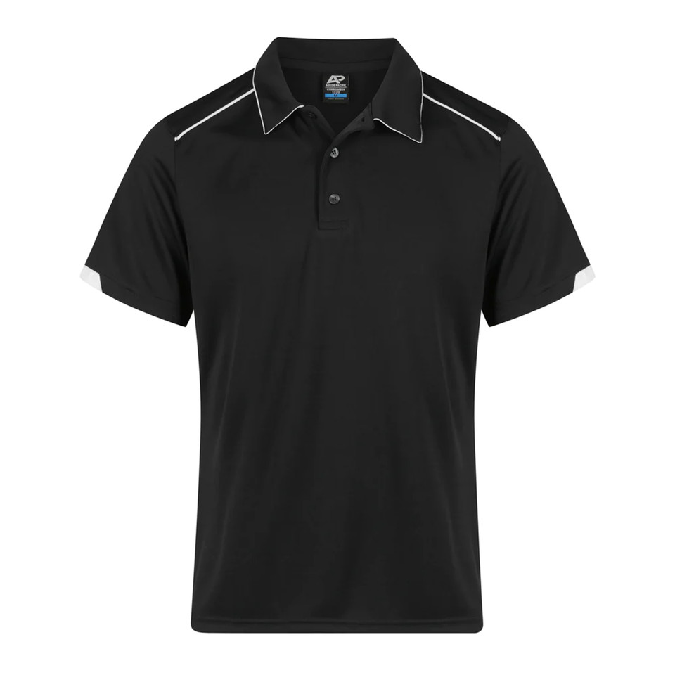 Mens Mini Waffle Knit Poly Polo with Piping_Black White Mens Mini Waffle Knit Poly Polo with Piping_Black White