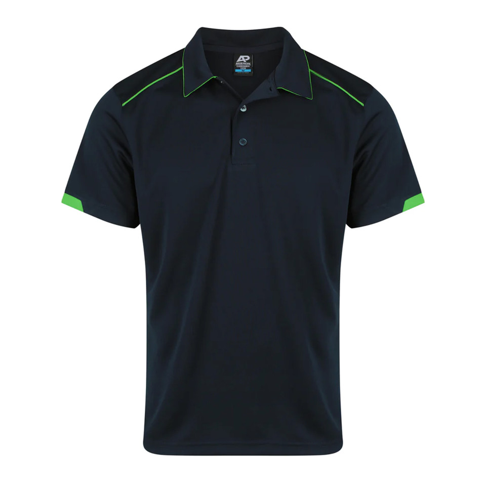 Navy and neon green men's polo shirt with contrast piping on collar and shoulders, three-button placket, flat lay