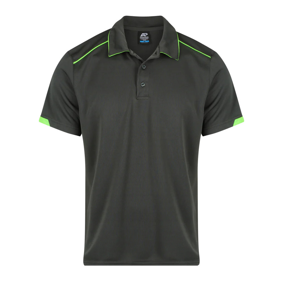 Slate grey men's polo shirt with neon green contrast piping on shoulders and sleeve cuffs, three-button placket, flat lay