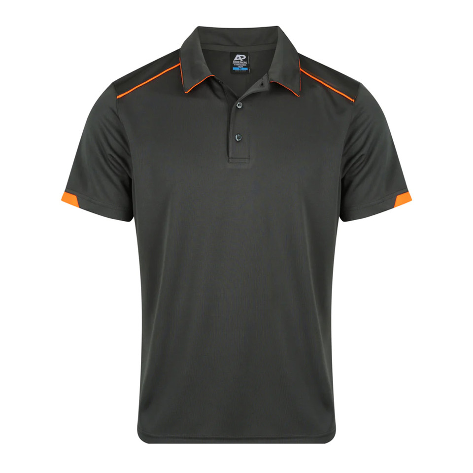 Slate grey men's polo shirt with orange contrast piping on shoulders and sleeves, three-button placket, flat lay