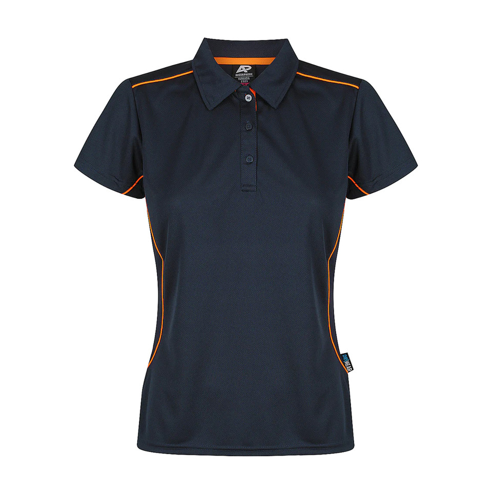 Navy and orange women's polo shirt with contrast piping on shoulders and side seams, three-button placket