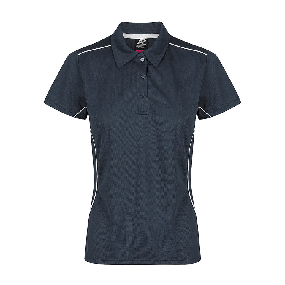 Navy ladies polo shirt with white contrast piping detail along shoulders and sides