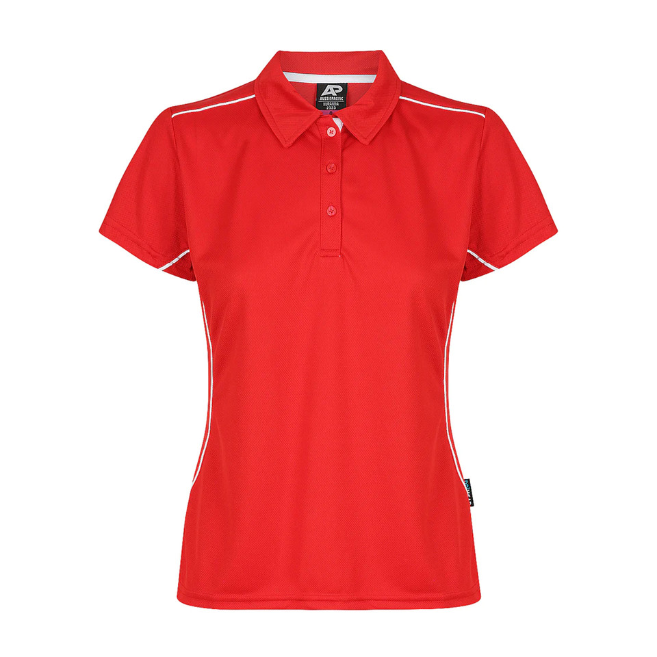 Red ladies polo shirt with white piping detail along shoulders and sleeves, featuring button placket and collar