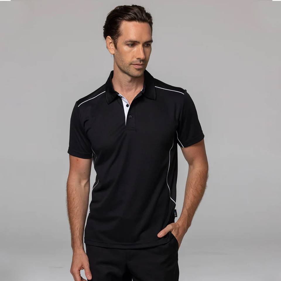 Black polo shirt with white contrast piping along shoulders and sides, mesh knit fabric with collar