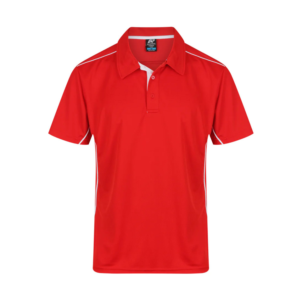 Bright red polo shirt with white contrast collar and shoulder piping detail