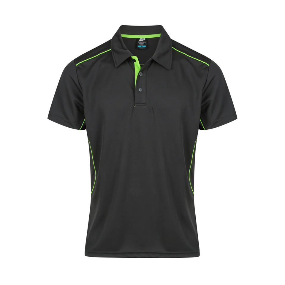 Charcoal grey polo shirt with lime green contrast piping along shoulders and sides, featuring collar and button placket