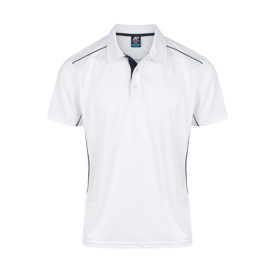 White polo shirt with navy piping detail on shoulders and sides, contrast inner placket, mesh knit fabric