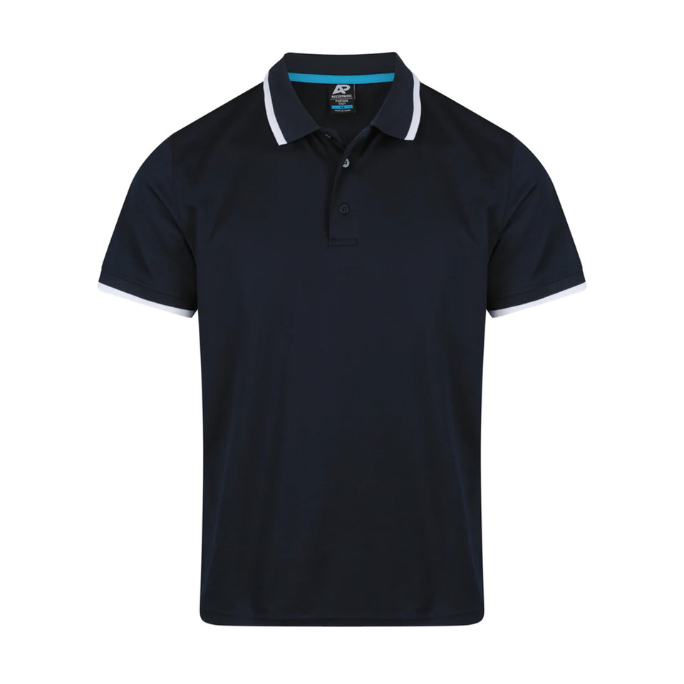 Navy polo shirt with white contrast tipping on collar, flat knit design with button placket